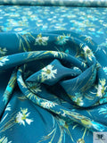 Floral Matte-Side Printed Silk Charmeuse - Teal Blue / Green / Off-White
