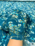 Floral Matte-Side Printed Silk Charmeuse - Teal Blue / Green / Off-White