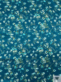 Floral Printed Lightweight Silk Charmeuse - Teal Blue / Green / Off-White