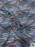 Ripple Wave Matte-Side Printed Silk Charmeuse - Cadet Blue / Multicolor