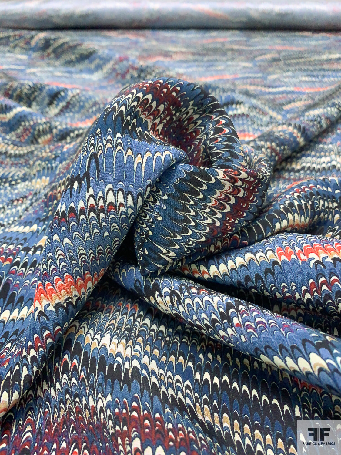 Fabric Blue Ripple Ripple Wave Matte-Side Printed Silk Charmeuse - Cadet Blue/Multicolor ...