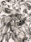 Marine Botanical Printed Crinkled Silk Chiffon - Off-White / Black