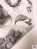 Marine Botanical Printed Crinkled Silk Chiffon - Off-White / Black