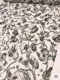 Marine Botanical Printed Crinkled Silk Chiffon - Off-White / Black