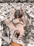 Marine Botanical Printed Crinkled Silk Chiffon - Off-White / Black