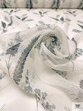 Stalk Floral Printed Crinkled Silk Chiffon - Off-White / Dusty Teal