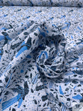 Birds and Ditsy Leaf Printed Cotton Lawn - Blue / Navy / White