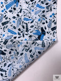 Birds and Ditsy Leaf Printed Cotton Lawn - Blue / Navy / White