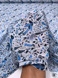 Birds and Ditsy Leaf Printed Cotton Lawn - Blue / Navy / White