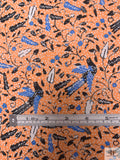 Birds and Ditsy Leaf Printed Cotton Lawn - Bright Orange / Blue / White / Black