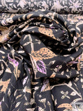 Leaf Branches and Birds Printed Cotton Lawn - Black / Tan / Beige / Orchid