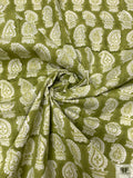 Potted Paisley Hand Block Printed Cotton Sheeting - Olive Green / Off-White