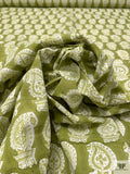 Potted Paisley Hand Block Printed Cotton Sheeting - Olive Green / Off-White