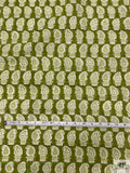 Potted Paisley Hand Block Printed Cotton Sheeting - Olive Green / Off-White