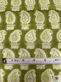 Potted Paisley Hand Block Printed Cotton Sheeting - Olive Green / Off-White