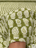 Potted Paisley Hand Block Printed Cotton Sheeting - Olive Green / Off-White