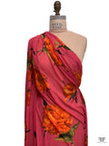 Stylized Peony Printed Polyester Chiffon - Amaranth Pink / Orange / Deep Green