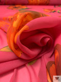 Stylized Peony Printed Polyester Chiffon - Amaranth Pink / Orange / Deep Green