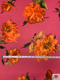 Stylized Peony Printed Polyester Chiffon - Amaranth Pink / Orange / Deep Green