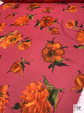 Stylized Peony Printed Polyester Chiffon - Amaranth Pink / Orange / Deep Green