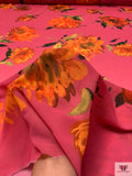 Stylized Peony Printed Polyester Chiffon - Amaranth Pink / Orange / Deep Green