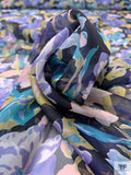Impressionist Floral Printed Fine Silk-Feel Polyester Chiffon - Indigo / Pear Green / Turquoise / Midnight Navy