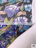 Impressionist Floral Printed Fine Silk-Feel Polyester Chiffon - Indigo / Pear Green / Turquoise / Midnight Navy