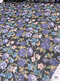 Impressionist Floral Printed Fine Silk-Feel Polyester Chiffon - Indigo / Pear Green / Turquoise / Midnight Navy