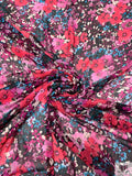 Floral Bouquet Printed Crinkled Polyester Chiffon - Pinks / Magenta / Turquoise