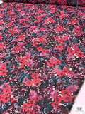 Floral Bouquet Printed Crinkled Polyester Chiffon - Pinks / Magenta / Turquoise