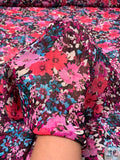 Floral Bouquet Printed Crinkled Polyester Chiffon - Pinks / Magenta / Turquoise
