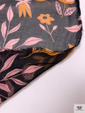 Illustrative Floral Printed Crinkled Rayon Chiffon - Tangerine / Blush / Black