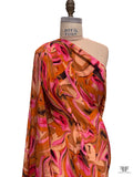 Marbleized Floral Printed Rayon Crepe de Chine - Orange / Pink / Nudes / Dark Brown