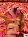 Marbleized Floral Printed Rayon Crepe de Chine - Orange / Pink / Nudes / Dark Brown