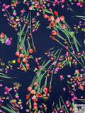 Impressionist Tulips Printed Heavy Stretch Rayon Crepe - Navy / Green / Multicolor