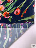 Impressionist Tulips Printed Heavy Stretch Rayon Crepe - Navy / Green / Multicolor
