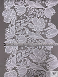Floral Embroidered and Lightly Corded Novelty Trim - White