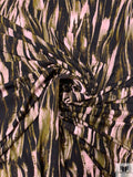 Brushstroke Striations Printed Soft Rayon Jersey Knit - Blush Pink / Warm Olive / Black