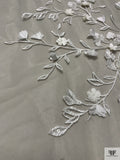 Made in England 3D Floral Embroidered and Feathered Tulle - Light Ivory