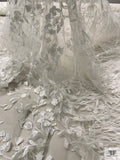 Made in England 3D Floral Embroidered and Feathered Tulle - Light Ivory