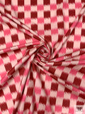 Ikat Check Printed Stretch Cotton Twill - Pale Pink / Watermelon / Cranberry