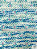 Retro Ditsy Floral Printed Linen - Turquoise / Neon Blue / Green / Off-White