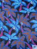 Italian Palm Tree Printed Linen - Blues / Rust Brown / Magenta