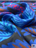 Italian Palm Tree Printed Linen - Blues / Rust Brown / Magenta