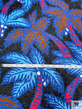 Italian Palm Tree Printed Linen - Blues / Rust Brown / Magenta