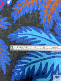 Italian Palm Tree Printed Linen - Blues / Rust Brown / Magenta