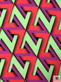 Italian Art Deco Geometric Printed Abstract Printed Linen - Soft Green / Raspberry / Amethyst