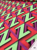 Italian Art Deco Geometric Printed Abstract Printed Linen - Soft Green / Raspberry / Amethyst