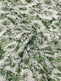 Floral Printed and Puckered Stretch Lace with Lurex Fibers - Moss Green / Off-White
