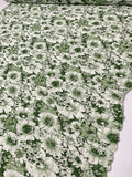 Floral Printed and Puckered Stretch Lace with Lurex Fibers - Moss Green / Off-White